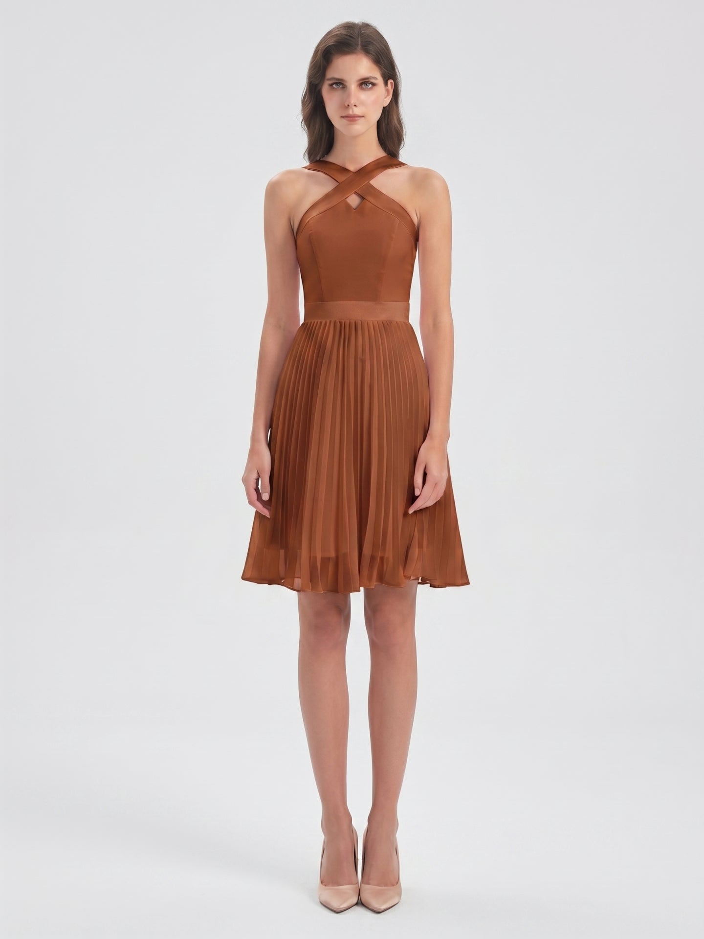 Terracotta Chiffon A-Line Halter Back Zip Knee-Length Pleated Bridesmaid Dress