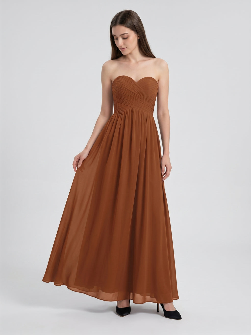 Terracotta Chiffon A-Line Off-the-Shoulder Back Zip Floor-Length Pleated Bridesmaid Dress