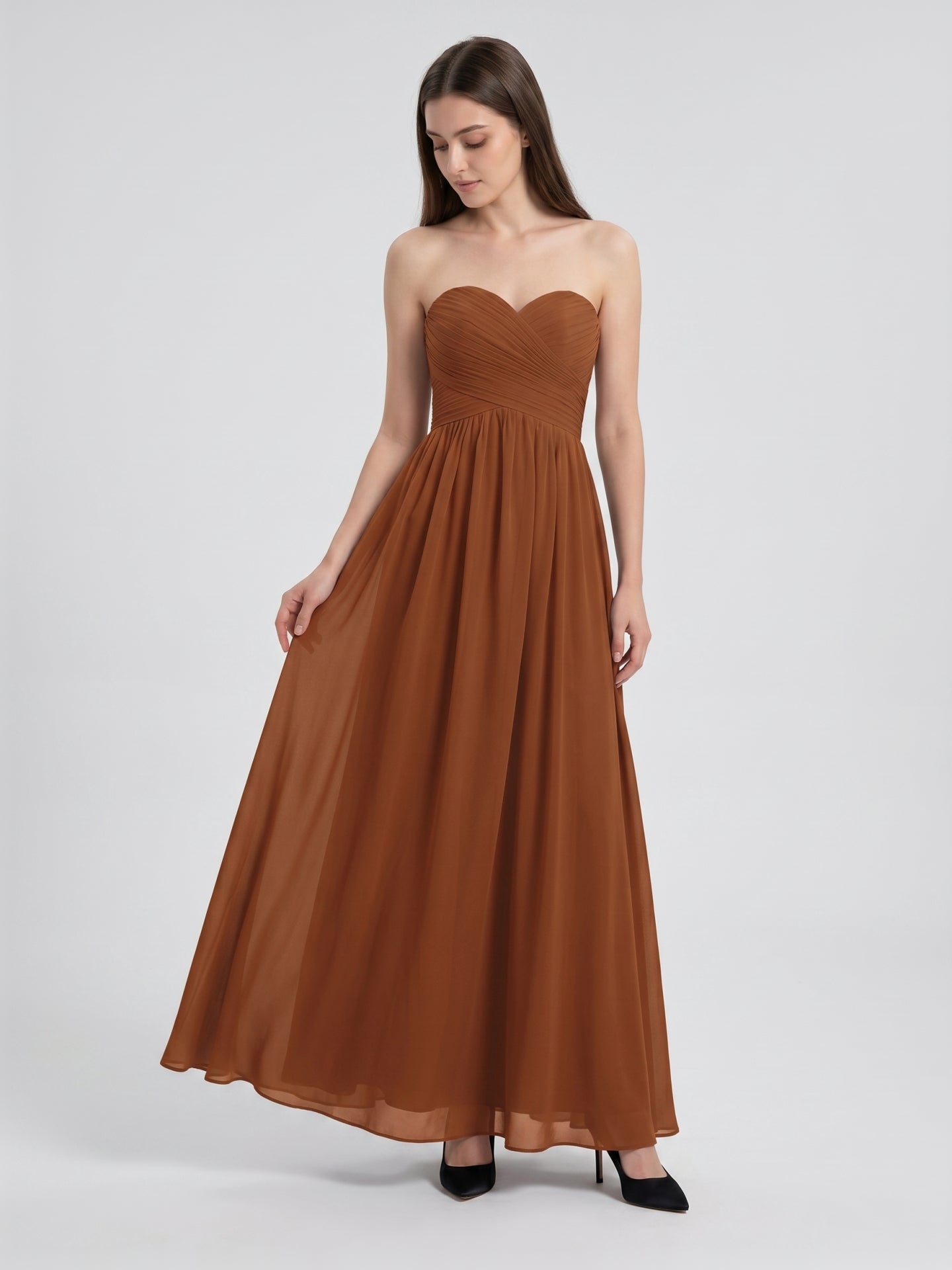 Terracotta Chiffon A-Line Off-the-Shoulder Back Zip Floor-Length Pleated Bridesmaid Dress