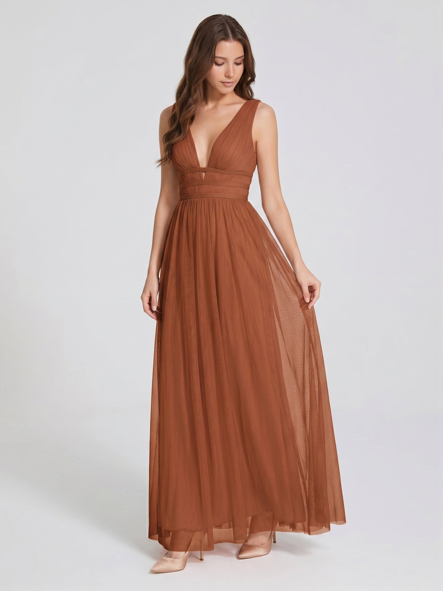 Terracotta Tulle A-Line V-Neck V-Back Floor-Length Pleated Bridesmaid Dress