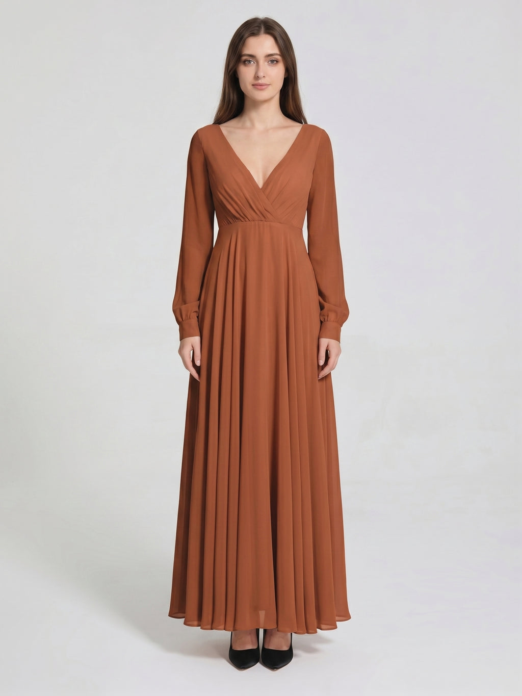 Terracotta Chiffon A-Line V-Neck Back Zip Floor-Length Pleated Bridesmaid Dress