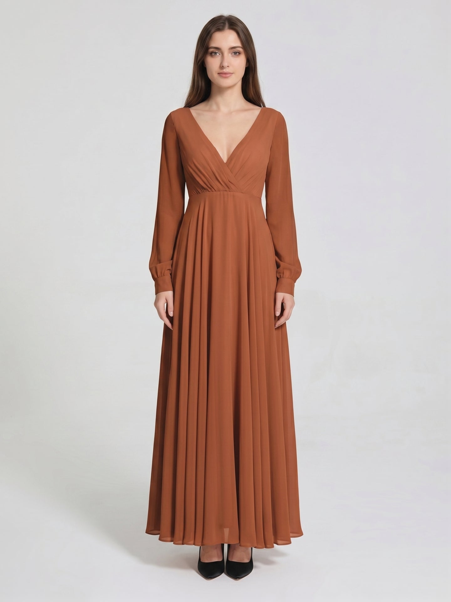 Terracotta Chiffon A-Line V-Neck Back Zip Floor-Length Pleated Bridesmaid Dress