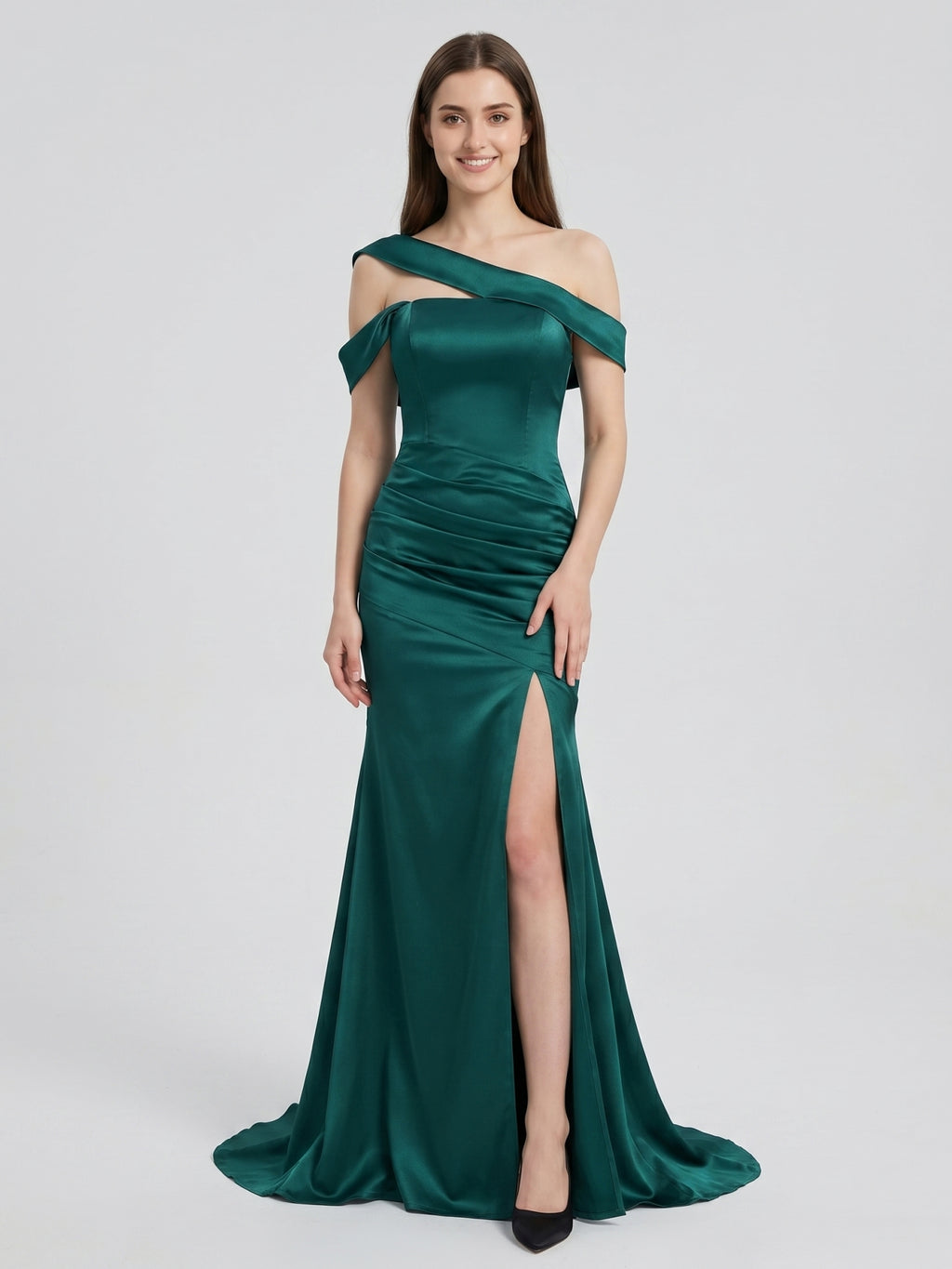 Peacock Satin Sheath Off-the-Shoulder Backless Floor-Length Pleated Bridesmaid  Dress