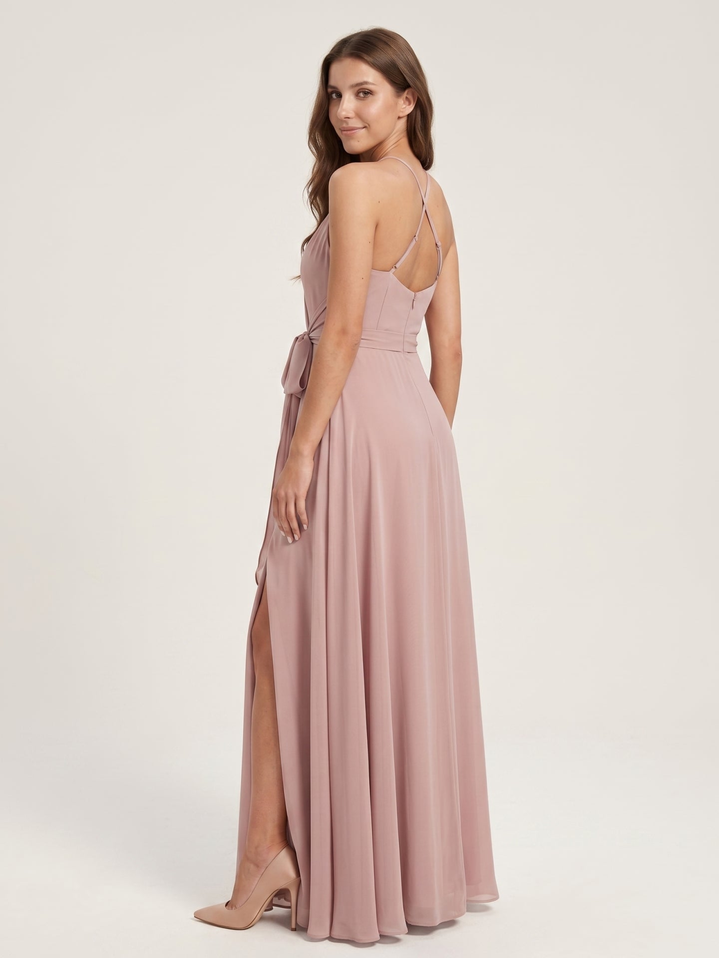 Coquette Dusty Rose Chiffon A-Line Halter neckline Back Zip Ankle-Length  Bridesmaid Dress
