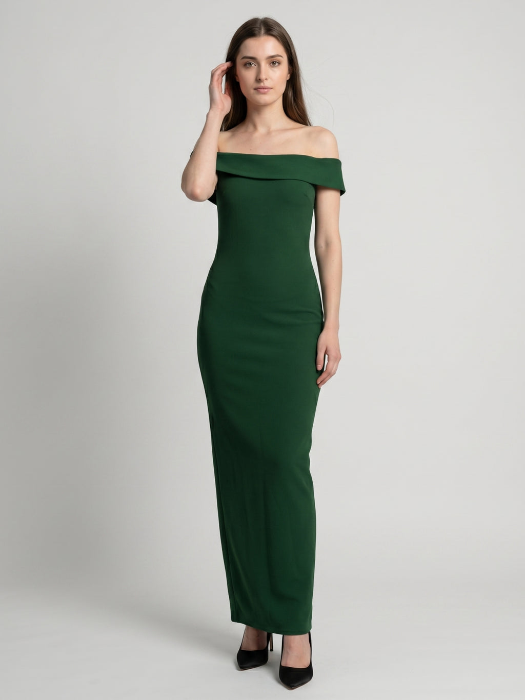 Emerald Stretch Knit Mermaid Off-the-Shoulder Backless Floor-Length Bridesmaid Dress