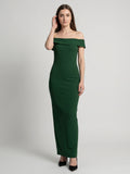 Emerald Stretch Knit Mermaid Off-the-Shoulder Backless Floor-Length Bridesmaid Dress