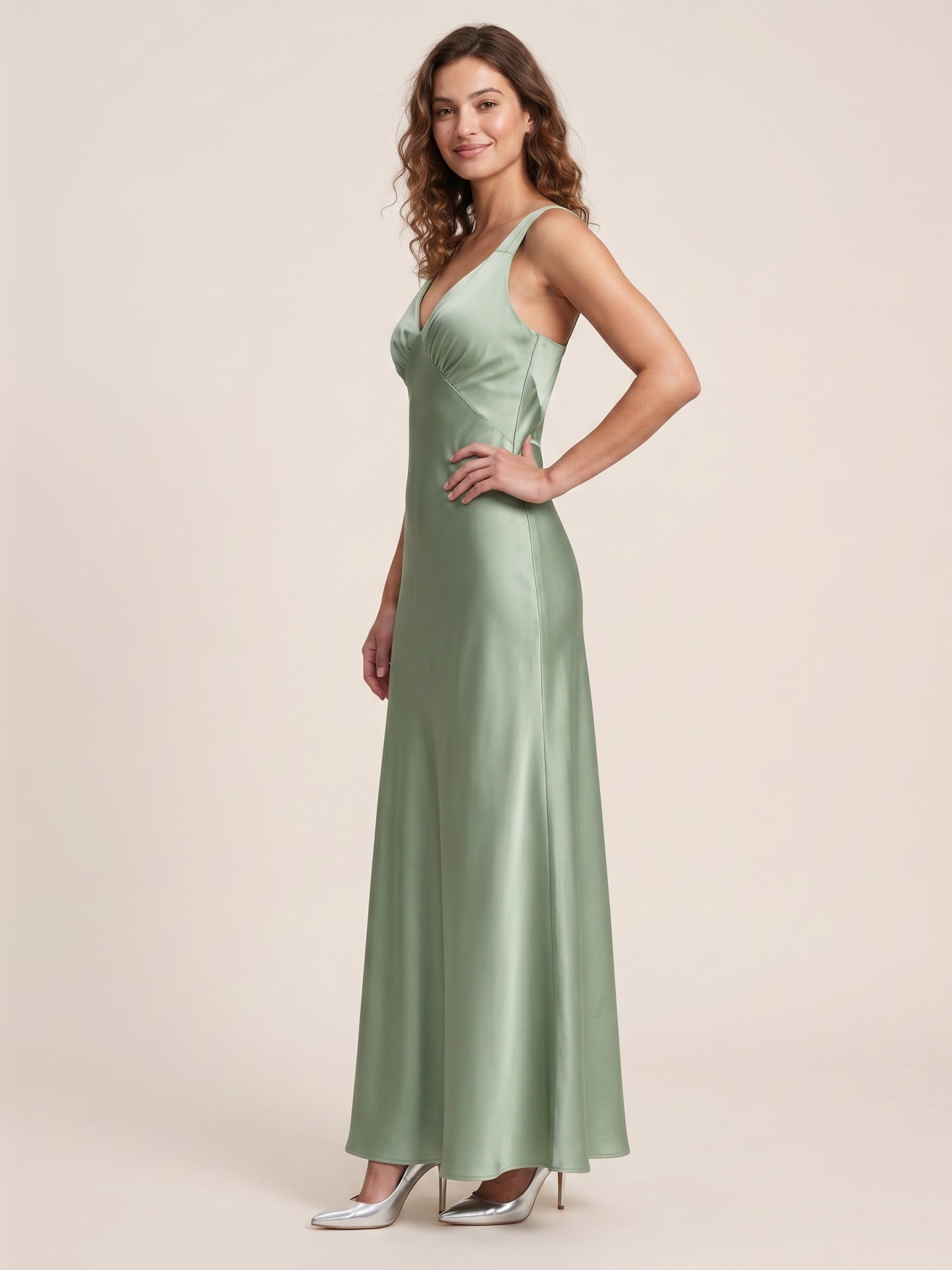 Refined Dusty Sage Satin column V-Neck Backless Ankle-Length  Bridesmaid Dress