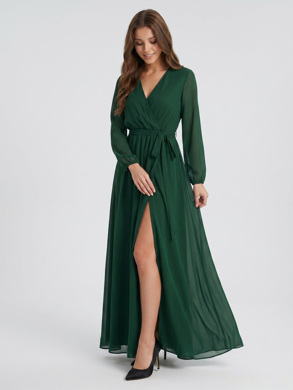 Forest Green Chiffon A-Line V-Neck Back Zip Floor-Length Pleated Bridesmaid Dress