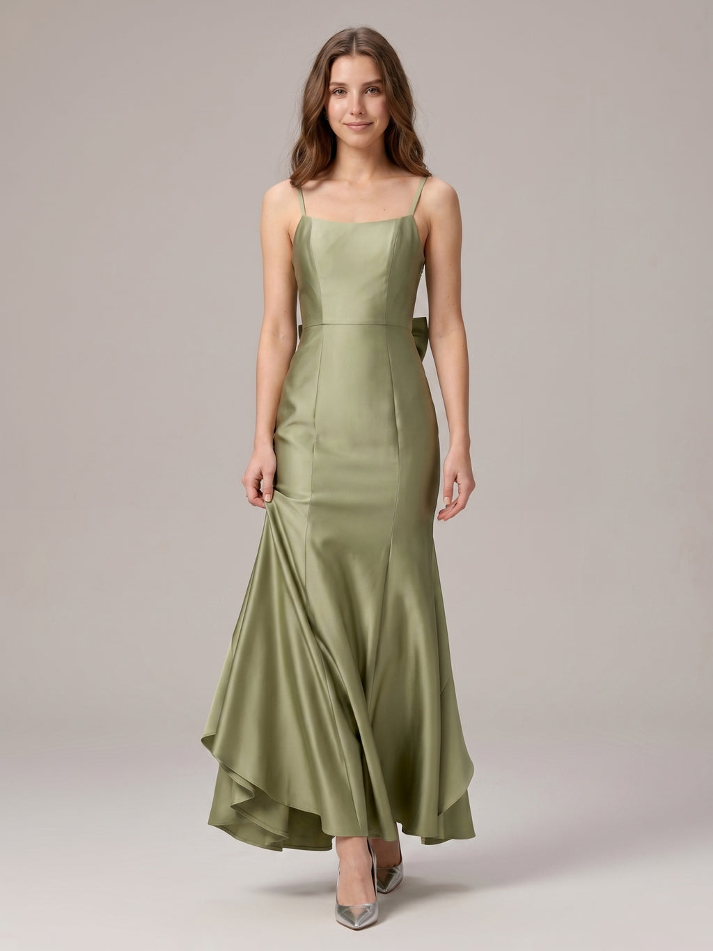 Elegant Sage Green Satin mermaid Straight Neck Backless with Bow Ankle-Length Bridesmaid Dress