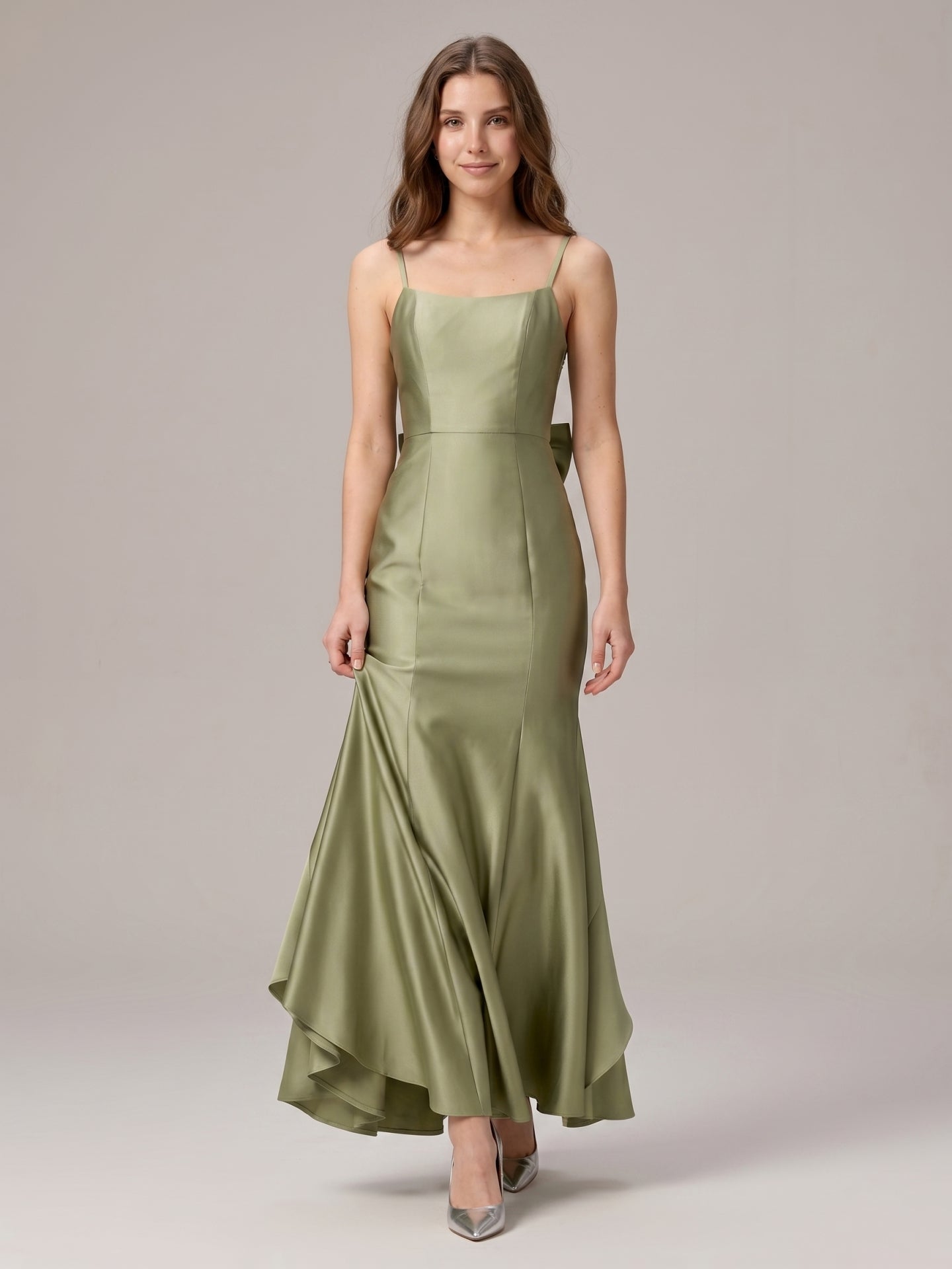 Elegant Sage Green Satin mermaid Straight Neck Backless with Bow Ankle-Length Bridesmaid Dress