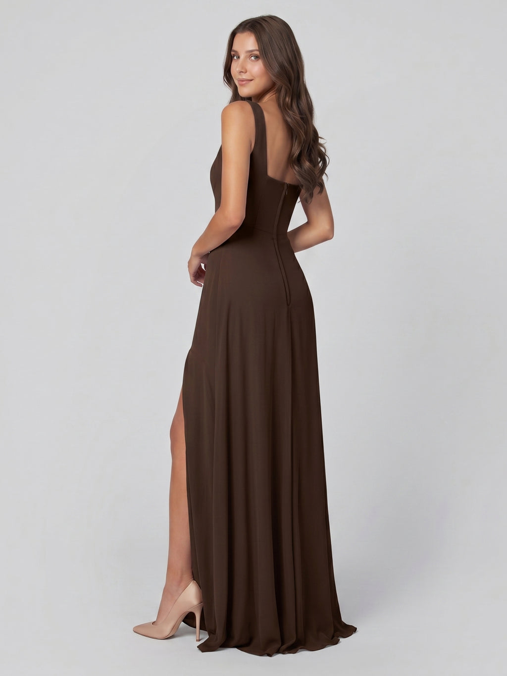 Mocha Chiffon A-Line Square Neck Backless Floor-Length Bridesmaid Dress
