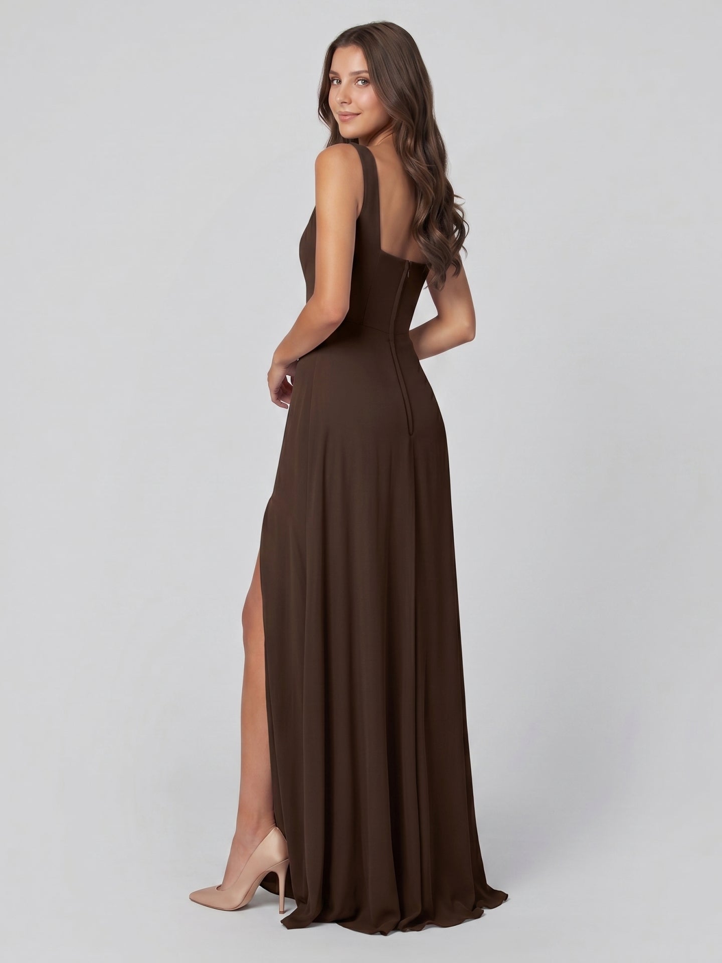 Mocha Chiffon A-Line Square Neck Backless Floor-Length Bridesmaid Dress