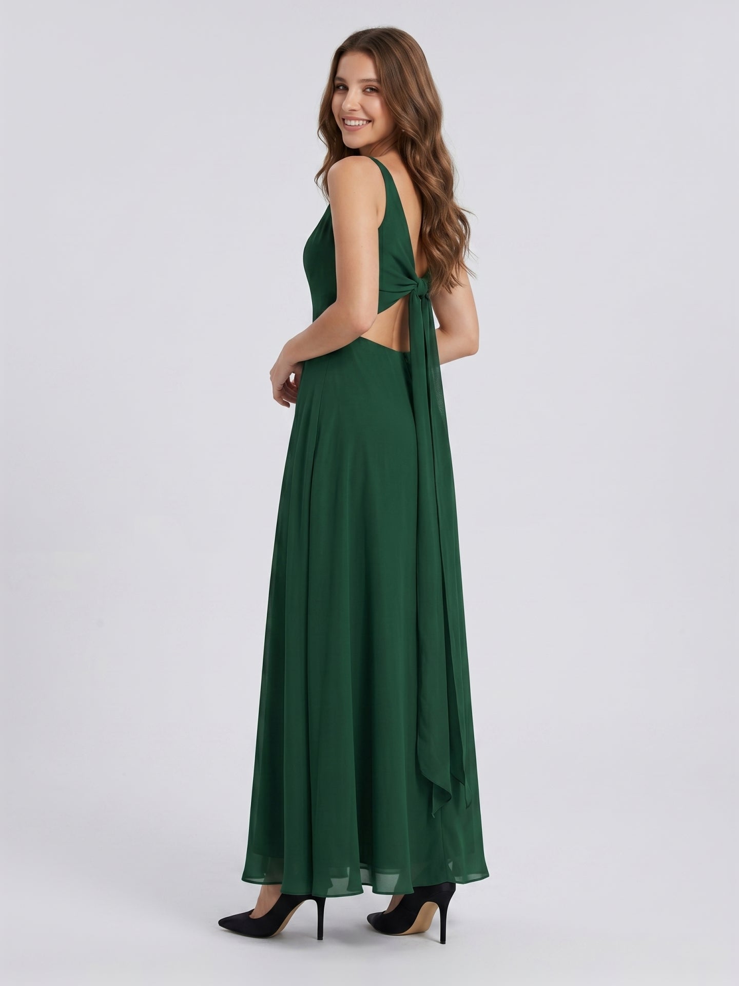 Forest Green Chiffon A-Line V-Neck Bow Back Floor-Length Bridesmaid Dress with Bow