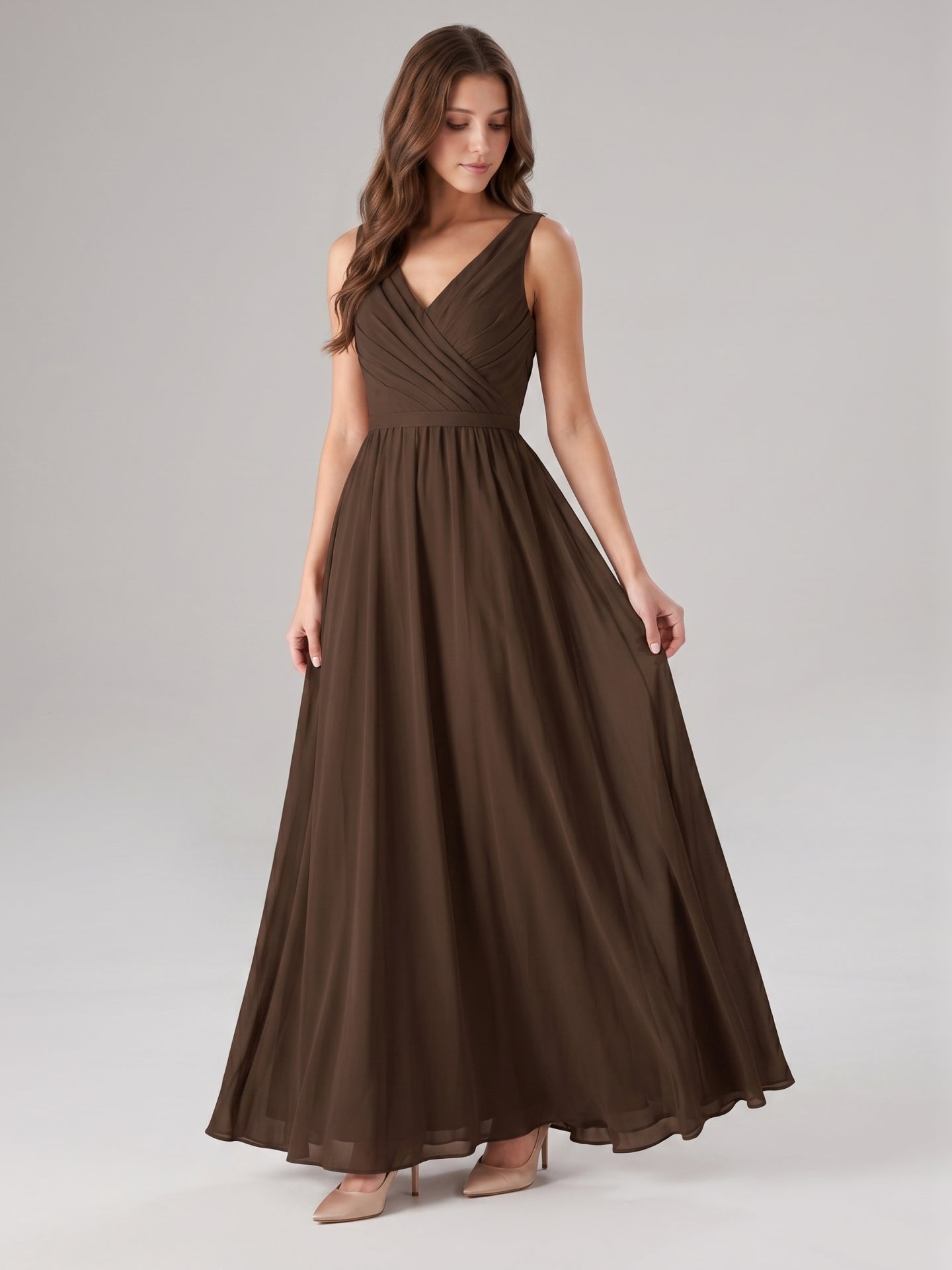 Mocha Chiffon A-Line V-Neck V-Back Floor-Length Bridesmaid Dress with Bow