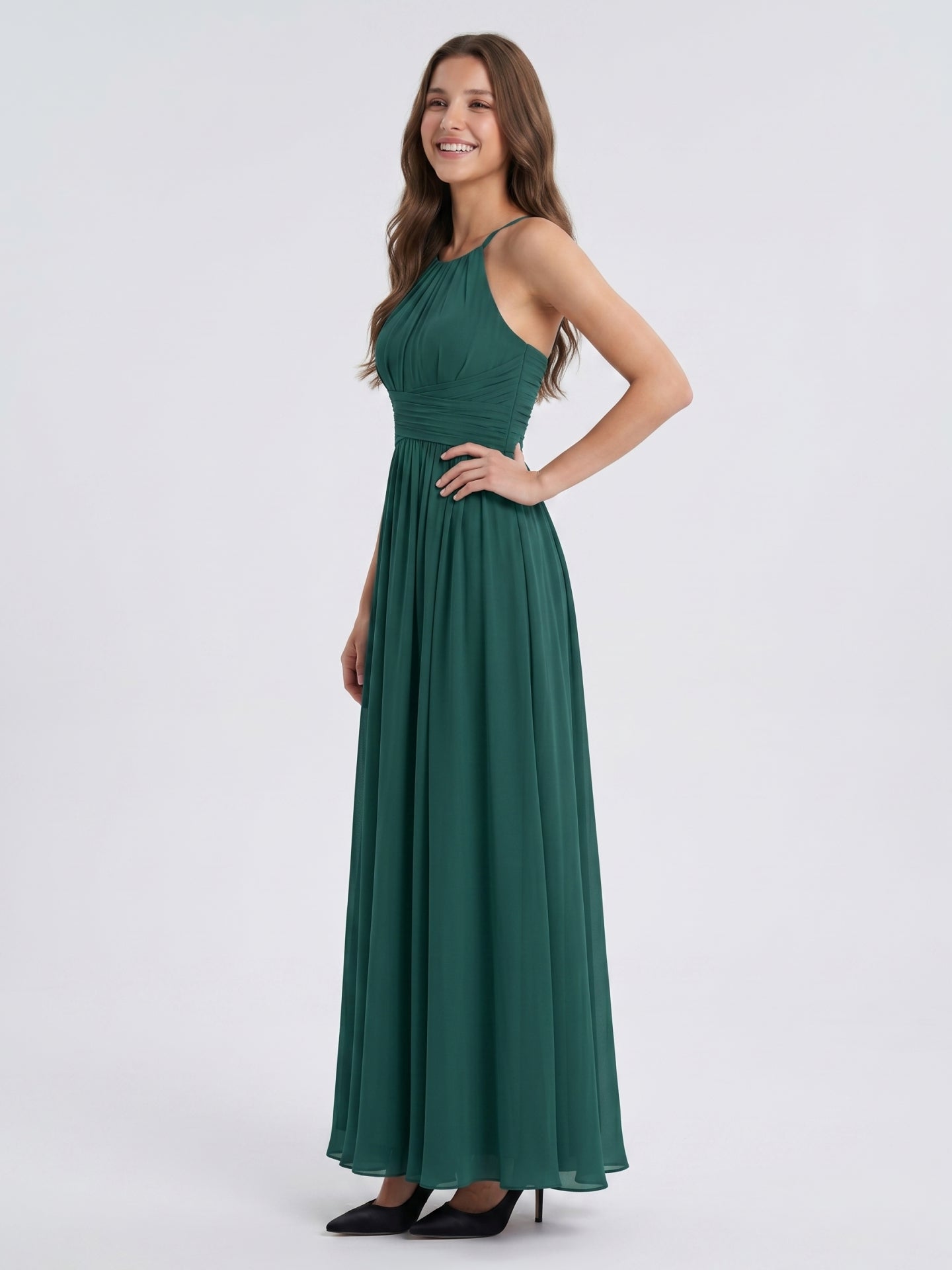 Peacock Chiffon A-Line Halter Criss-Cross Back Floor-Length Pleated Bridesmaid Dress