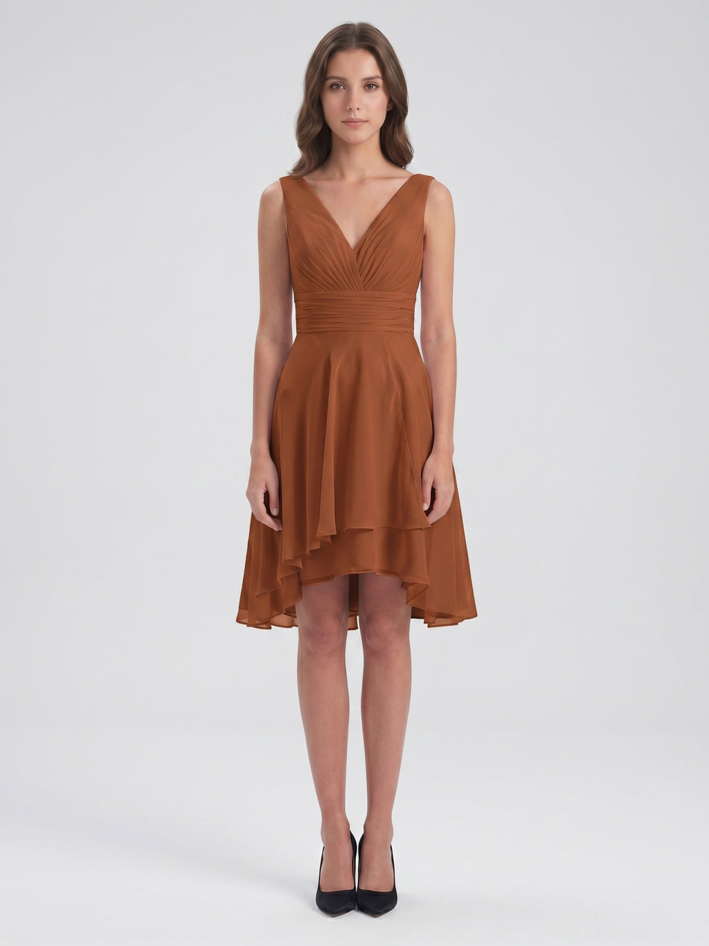 Terracotta Chiffon A-Line V-Neck V-Back Knee-Length Pleated Bridesmaid Dress