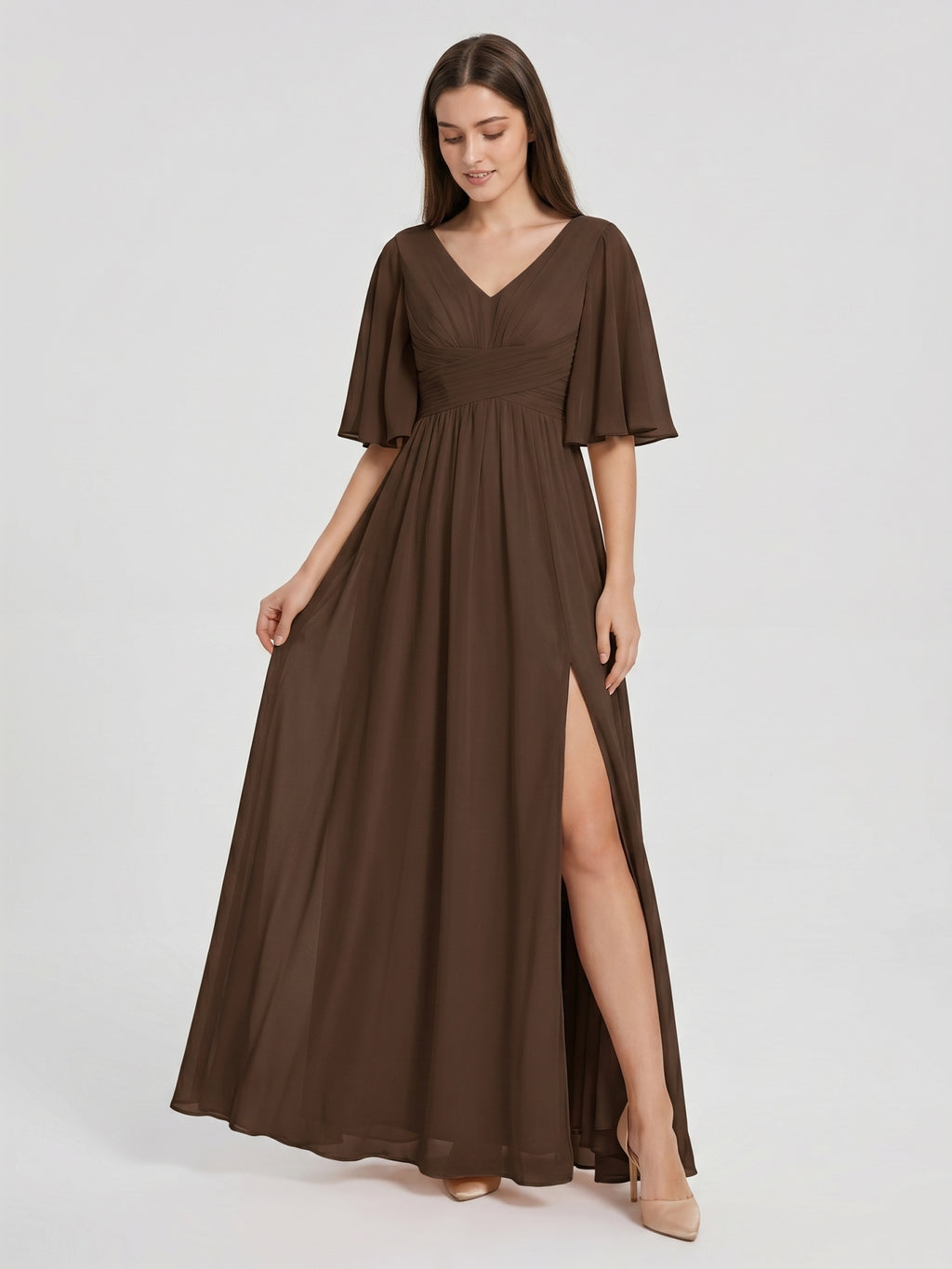 Mocha Chiffon A-Line V-Neck V-Back Ankle-Length Bridesmaid Dress