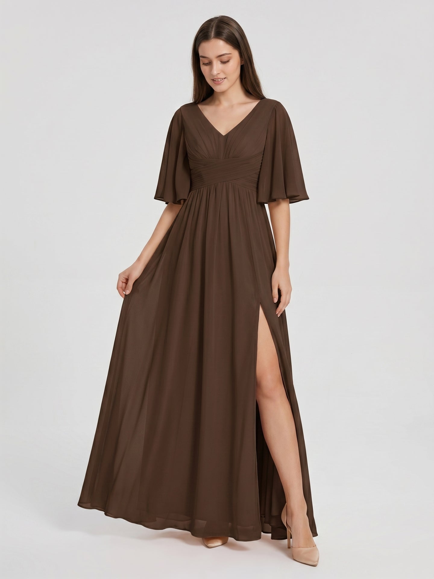 Mocha Chiffon A-Line V-Neck V-Back Ankle-Length Bridesmaid Dress