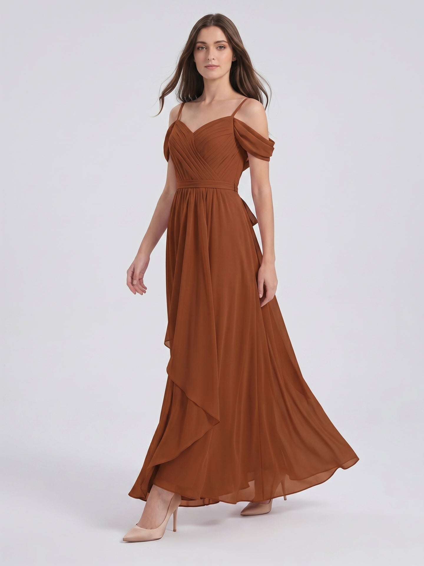 Terracotta Chiffon A-Line Off-the-Shoulder Backless Floor-Length Pleated Bridesmaid Dress