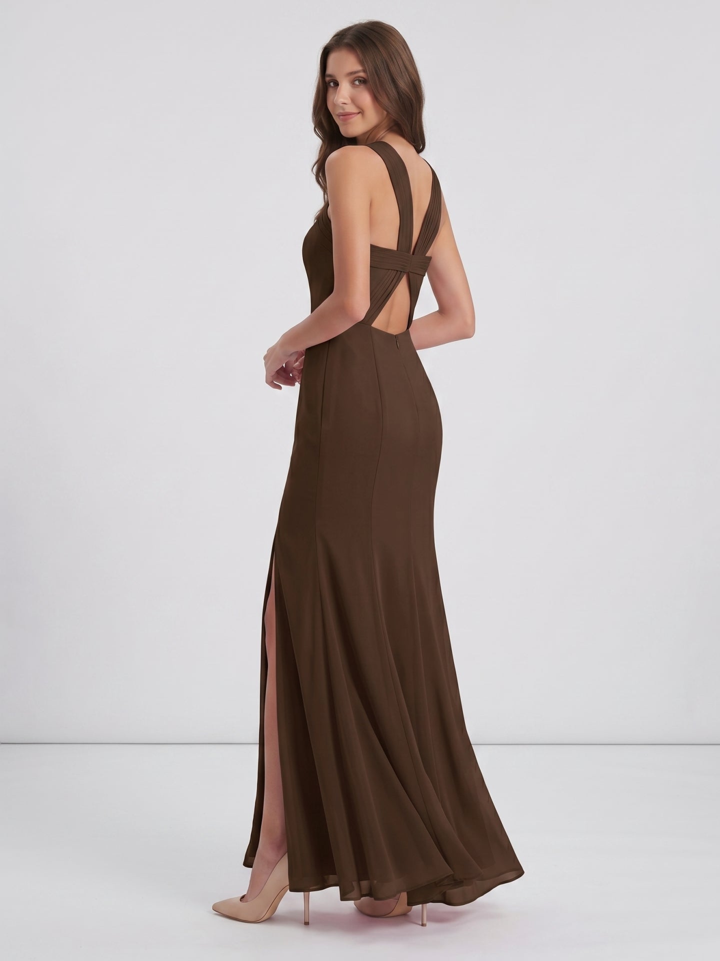 Mocha Chiffon Trumpet Halter Keyhole Back Ankle-Length Bridesmaid Dress