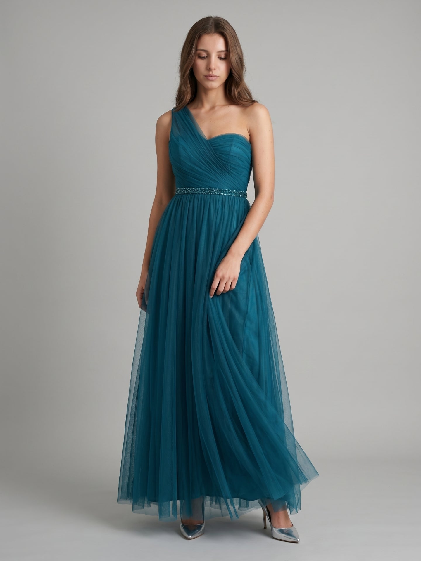 Teal Tulle A-Line One Shoulder Back Zip Floor-Length Pleated Bridesmaid Dress