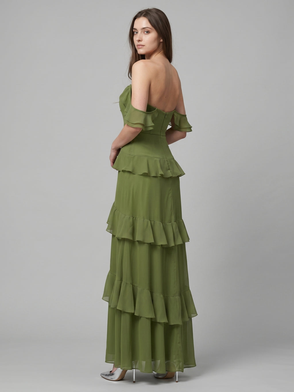 Olive Green Chiffon Sheath Off-the-Shoulder Back Zip Floor-Length Ruffle Bridesmaid Dress