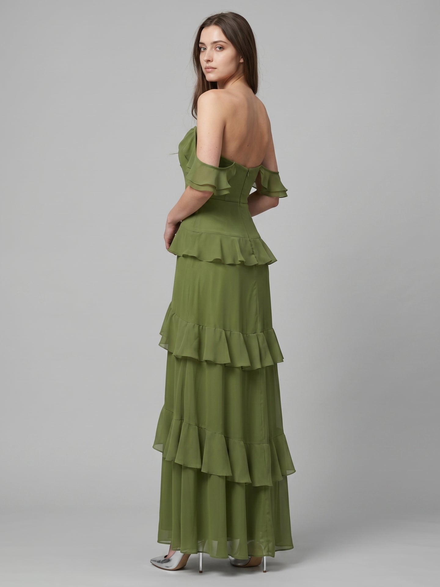 Olive Green Chiffon Sheath Off-the-Shoulder Back Zip Floor-Length Ruffle Bridesmaid Dress