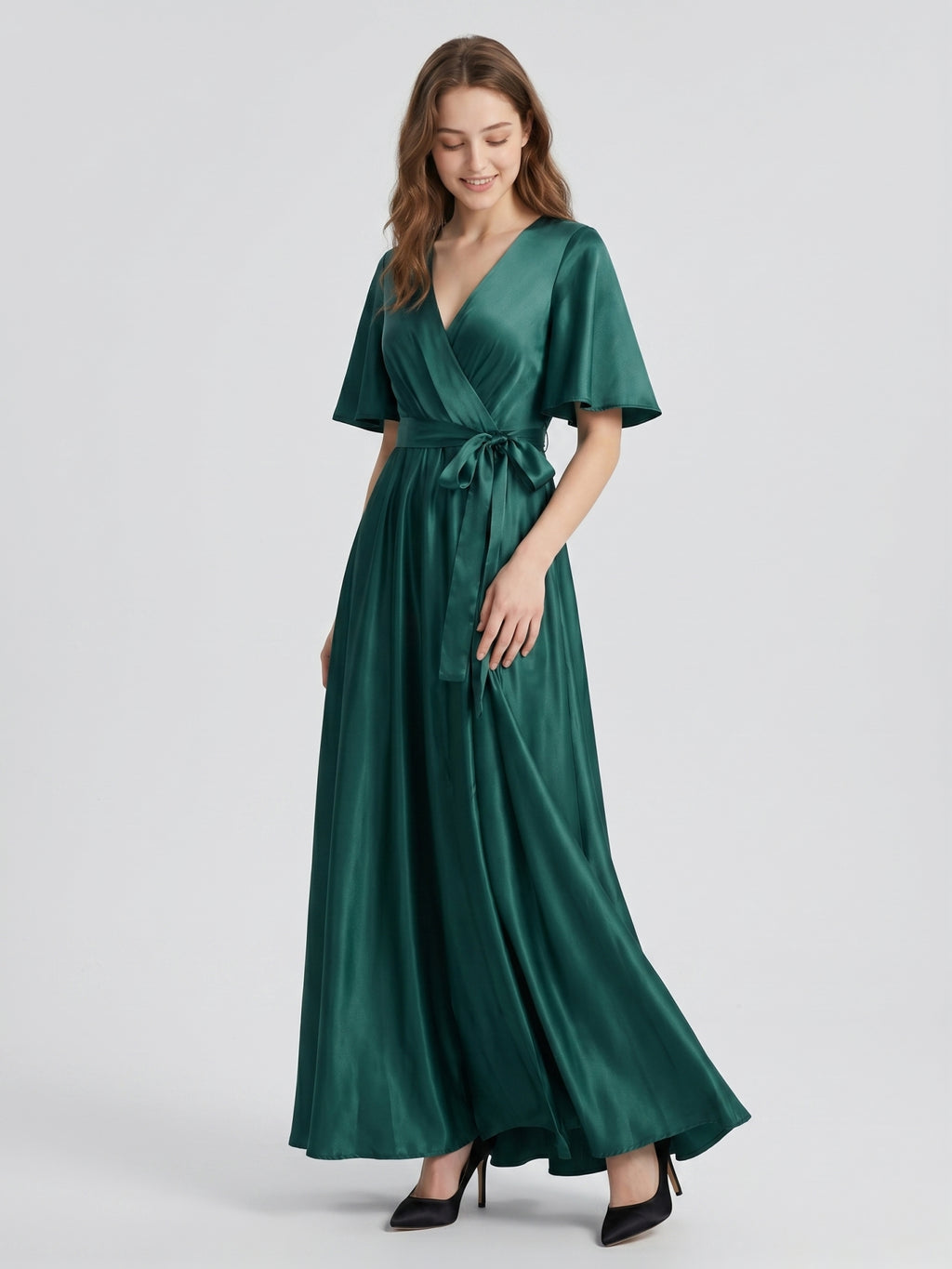 Peacock Satin A-Line V-Neck Side Zip Floor-Length Bridesmaid Dress with Bow