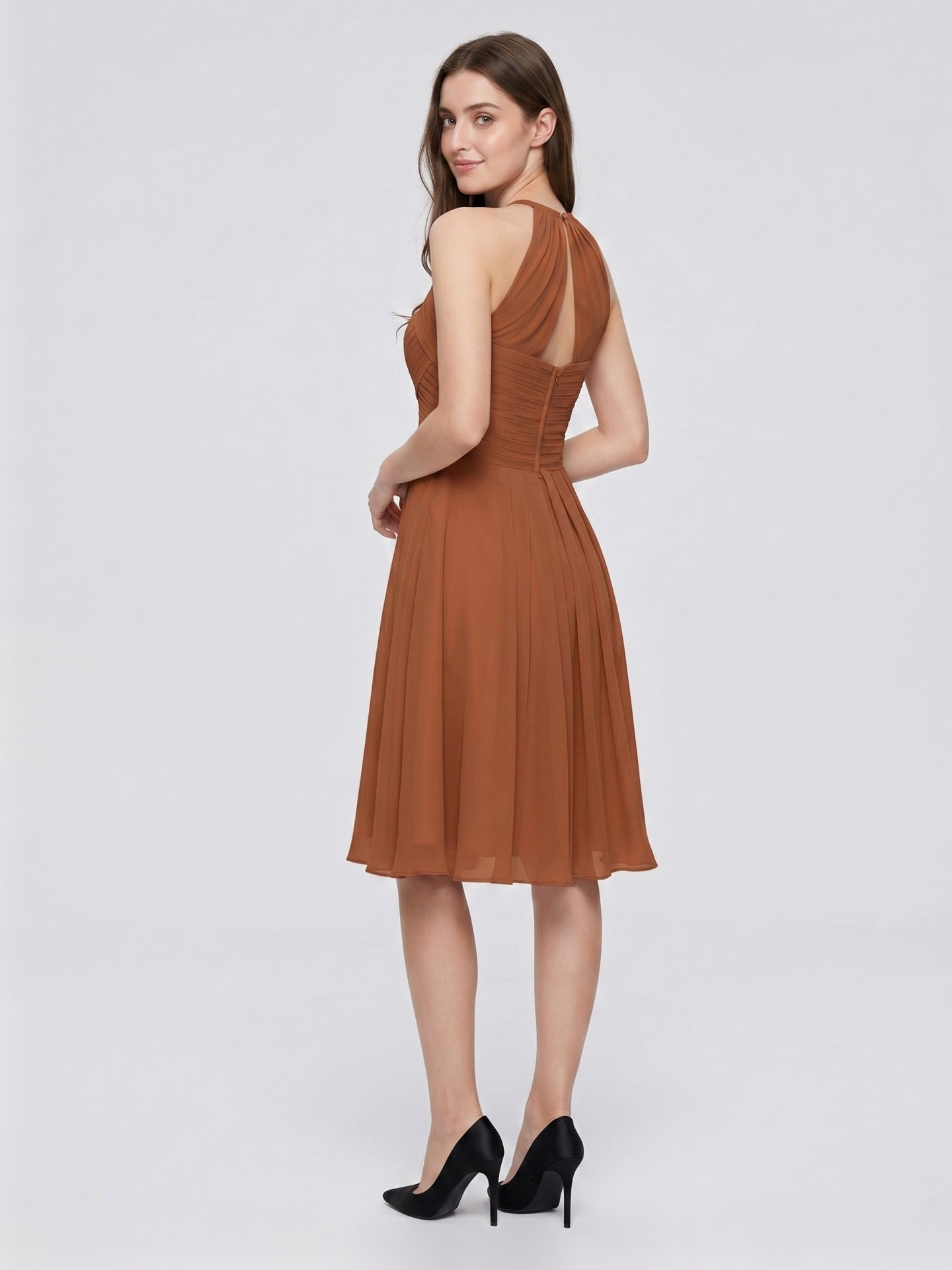 Terracotta Chiffon A-Line Halter Keyhole Back Knee-Length Pleated Bridesmaid Dress