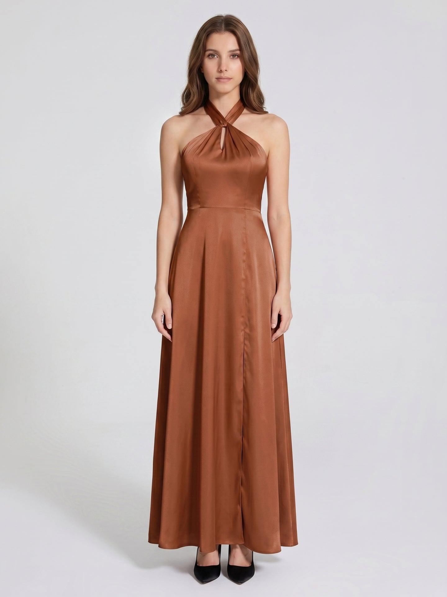 Terracotta Satin A-Line Halter Lace-Up Back Floor-Length Bridesmaid Dress with Bow
