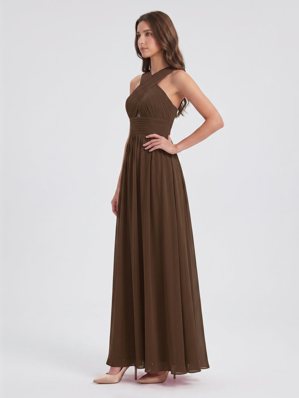 Mocha Chiffon A-Line Halter Backless Floor-Length Bridesmaid Dress