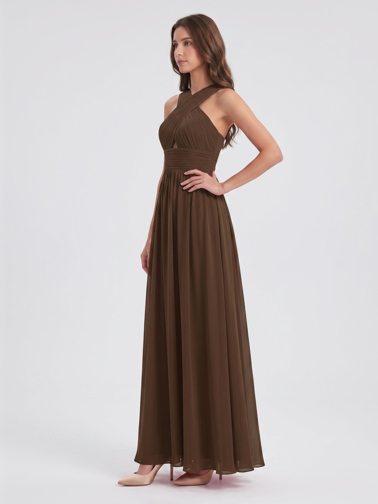 Mocha Chiffon A-Line Halter Backless Floor-Length Bridesmaid Dress