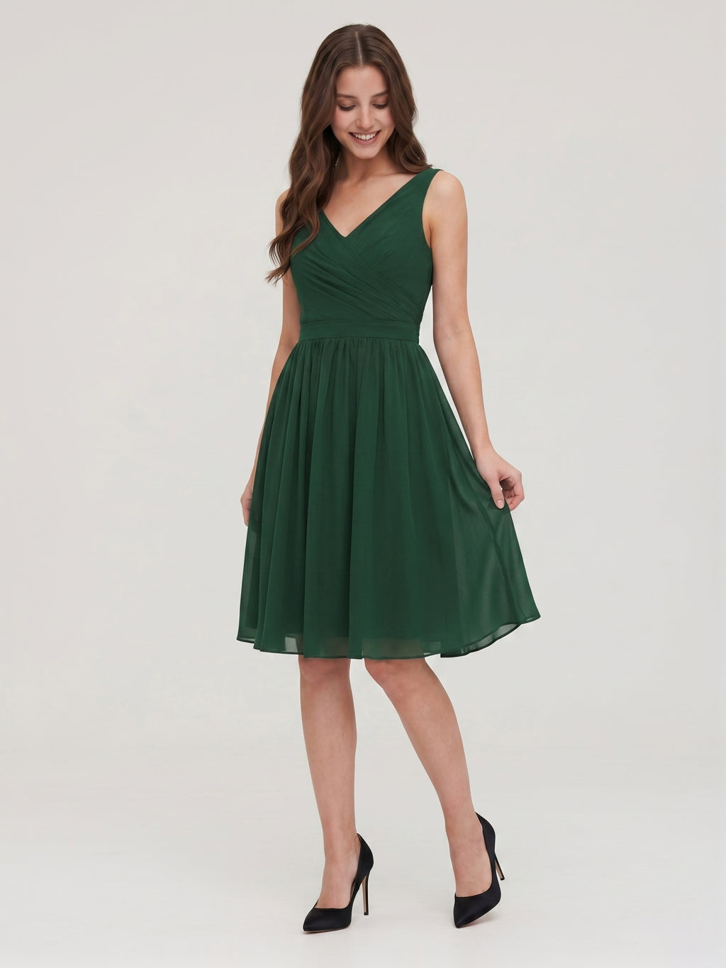 Forest Green Chiffon A-Line V-Neck V-Back Knee-Length Pleated Bridesmaid Dress