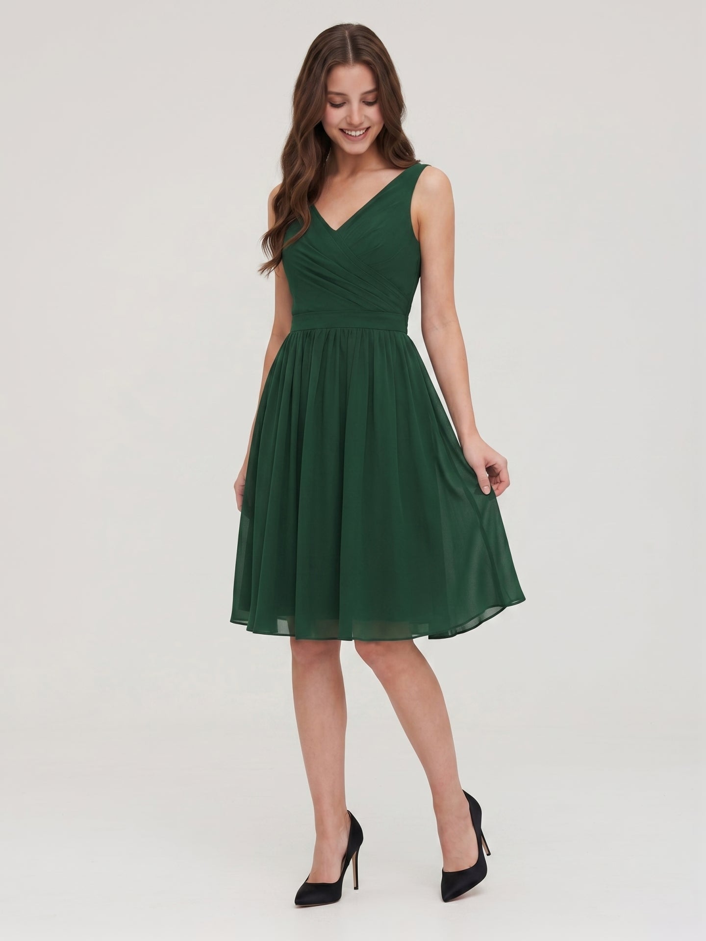 Forest Green Chiffon A-Line V-Neck V-Back Knee-Length Pleated Bridesmaid Dress