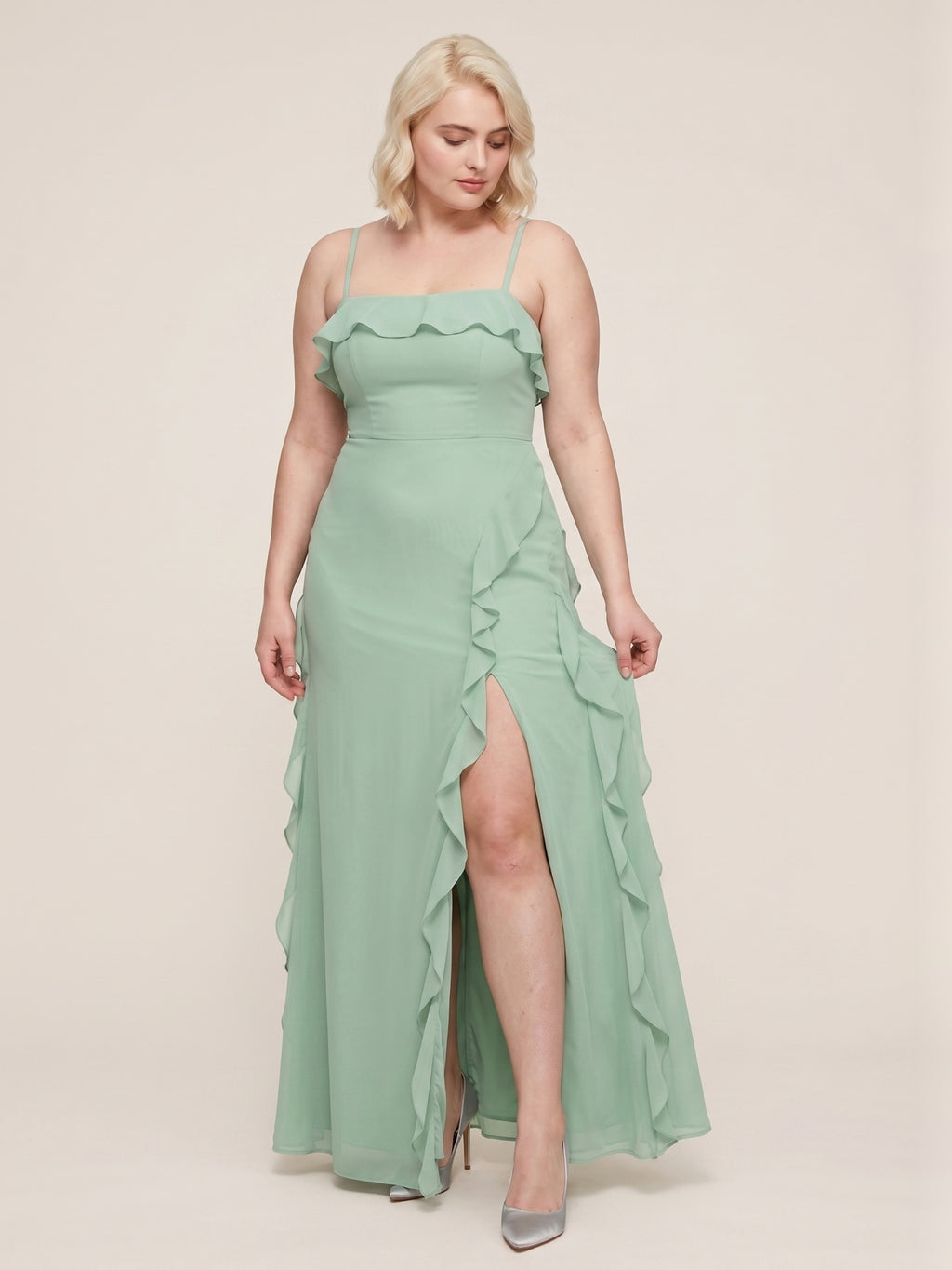 Elegant Mint Green Chiffon A-Line Straight Neck Backless with Ruffle Ankle-Length Plus Size Bridesmaid Dress