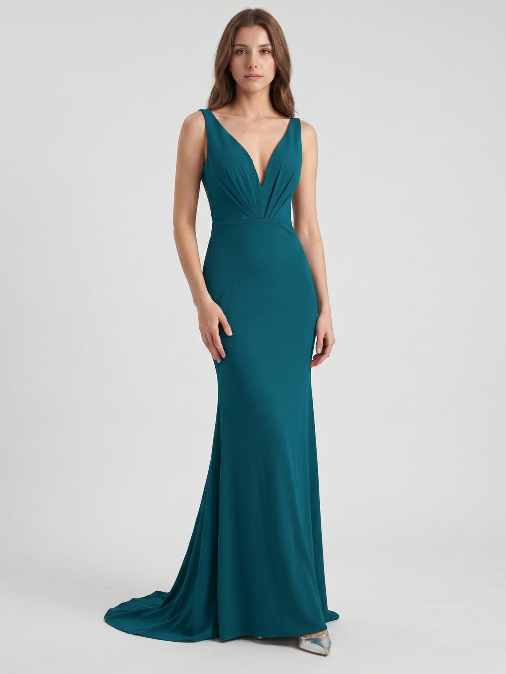 Teal Stretch Knit Mermaid V-Neck Backless Floor-Length Bridesmaid Dress