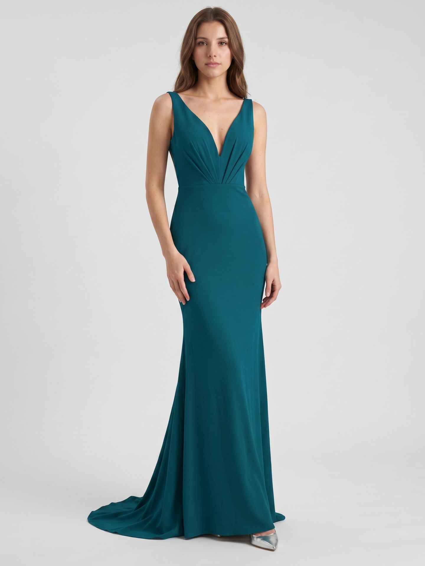 Teal Stretch Knit Mermaid V-Neck Backless Floor-Length Bridesmaid Dress
