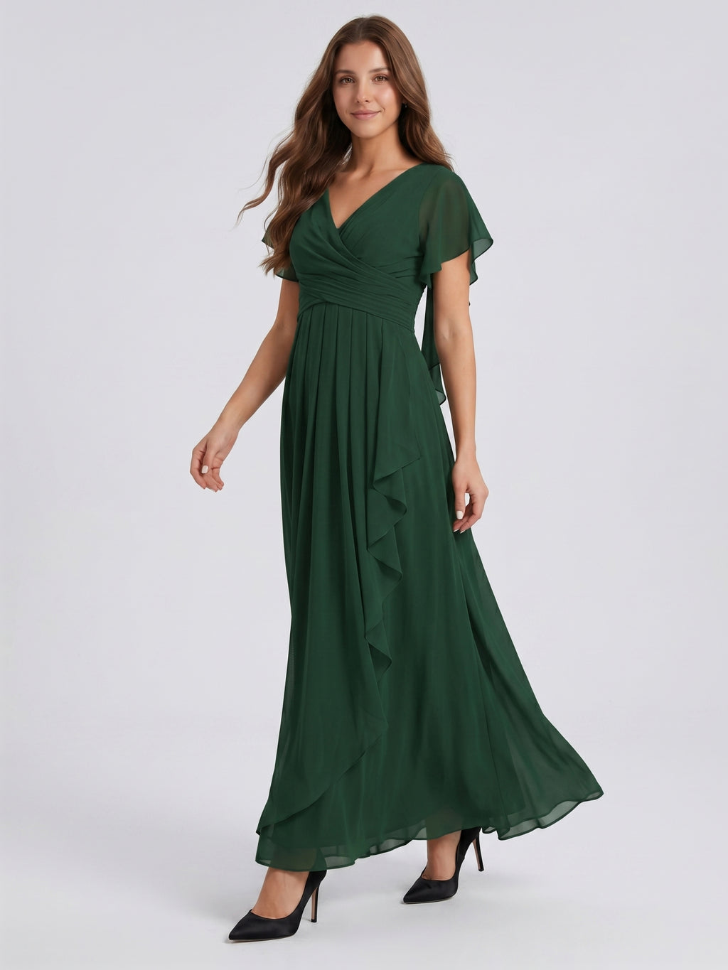 Forest Green Chiffon A-Line V-Neck Backless Floor-Length Ruffle Bridesmaid Dress