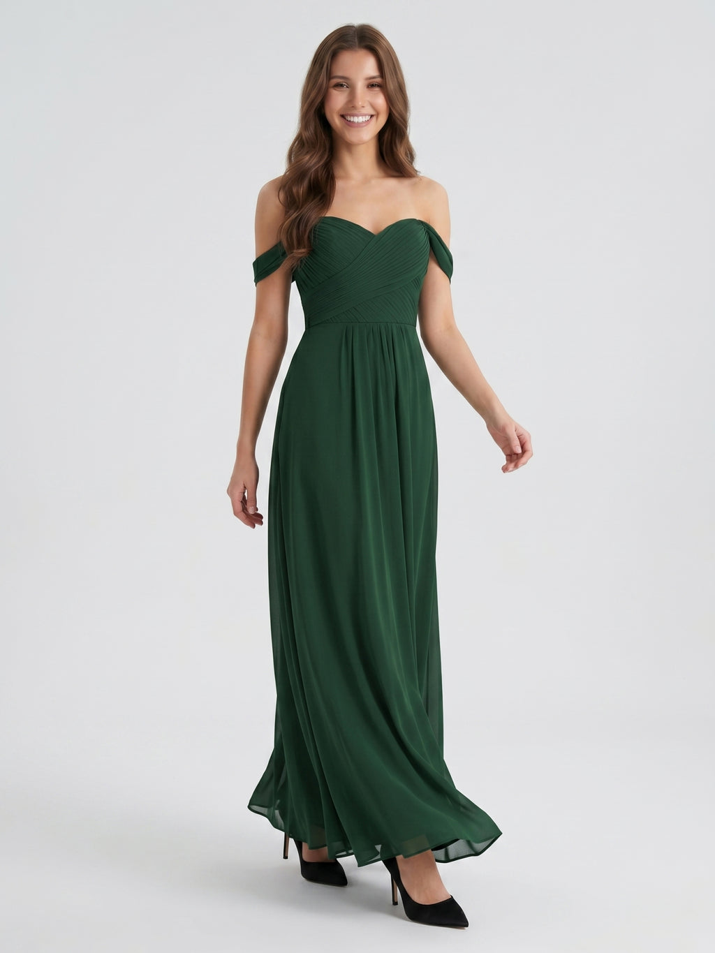 Forest Green Chiffon A-Line Off-the-Shoulder Backless Floor-Length Pleated Dress