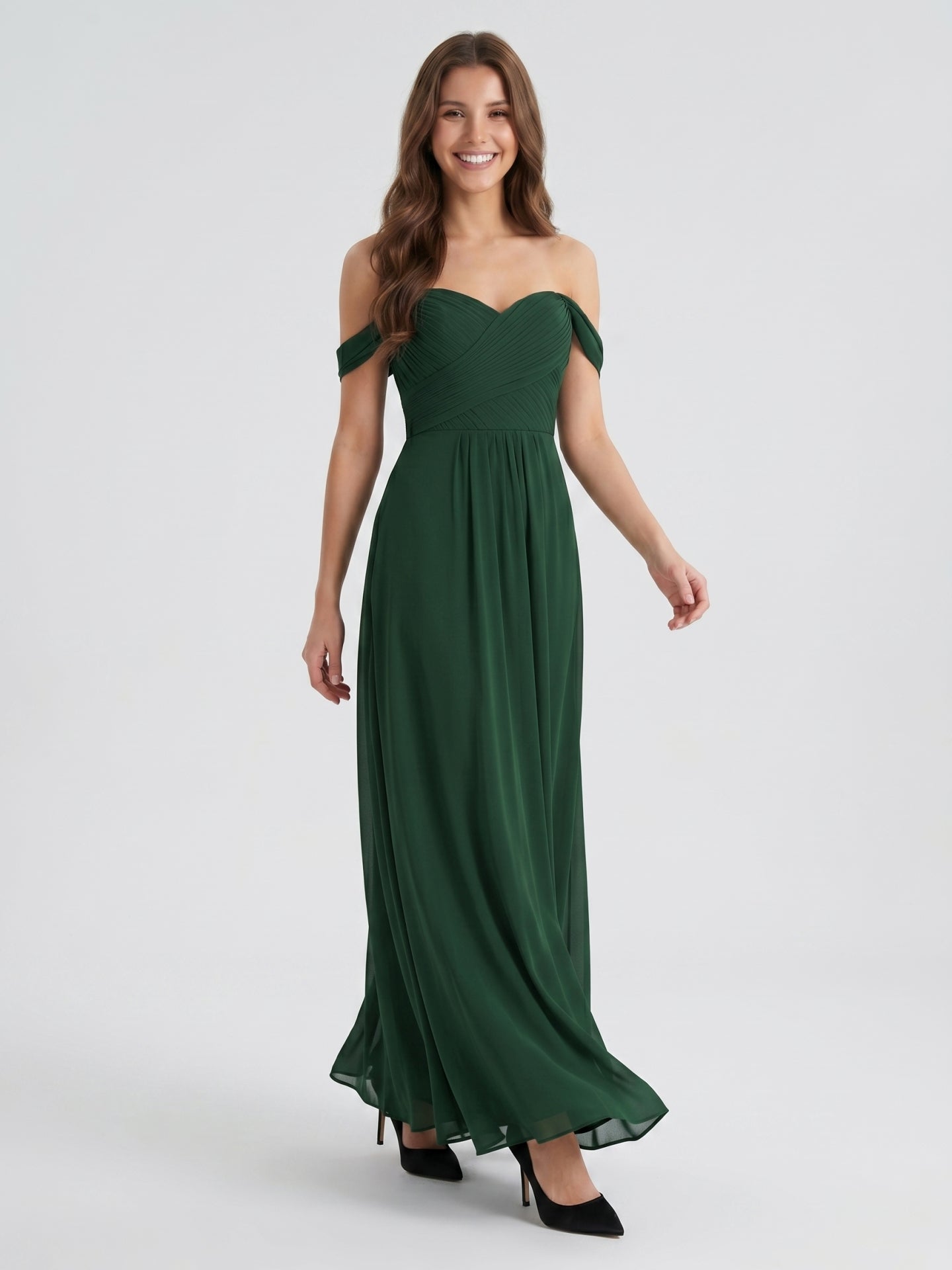 Forest Green Chiffon A-Line Off-the-Shoulder Backless Floor-Length Pleated Dress