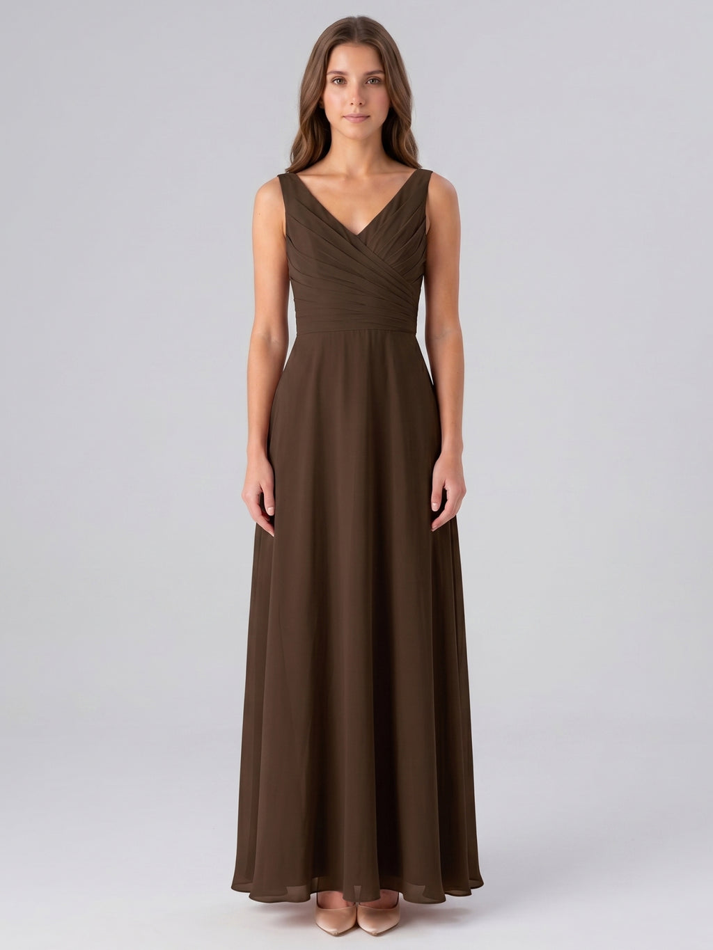 Mocha Chiffon A-Line V-Neck V-Back Floor-Length Bridesmaid Dress with Pockets