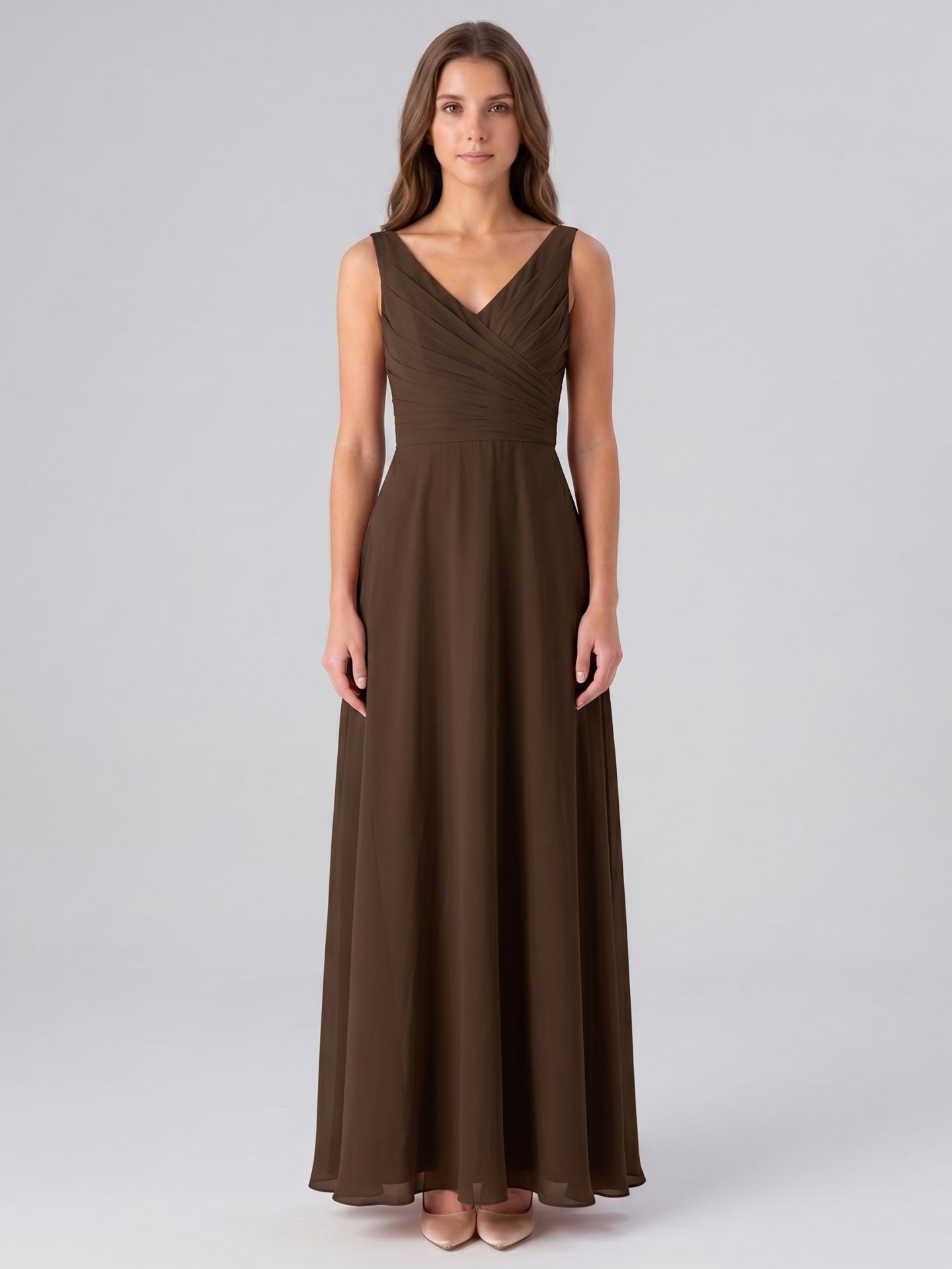 Mocha Chiffon A-Line V-Neck V-Back Floor-Length Bridesmaid Dress with Pockets
