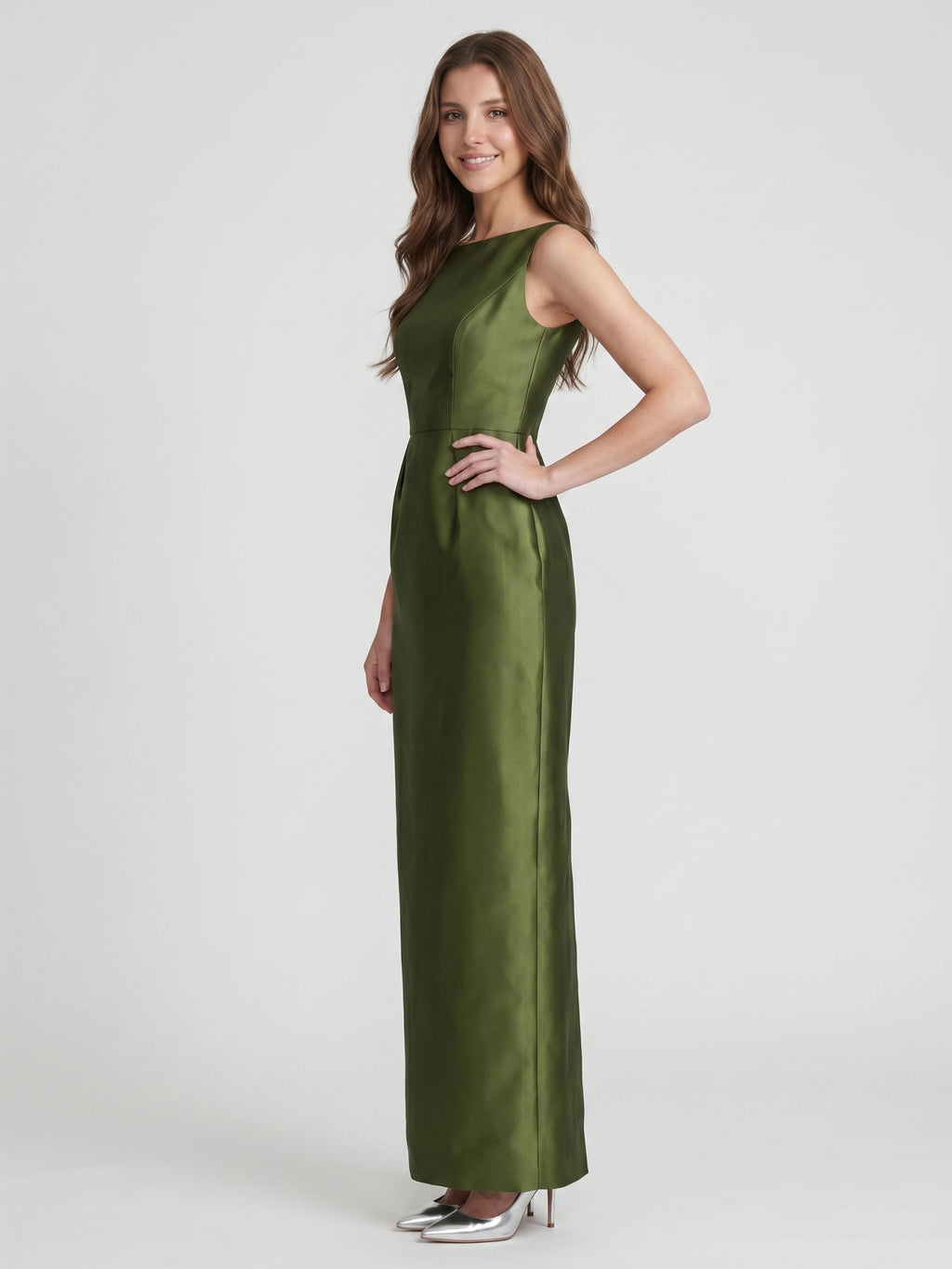 Olive Green Satin Column Straight Neck V-Back Floor-Length Bridesmaid Dress with Pockets
