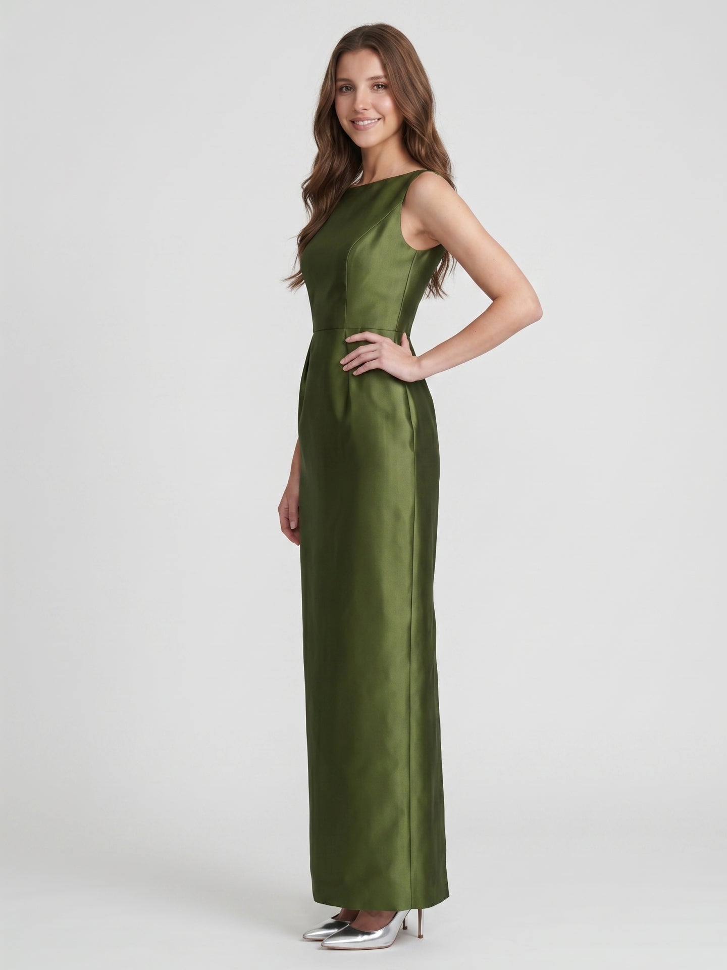 Olive Green Satin Column Straight Neck V-Back Floor-Length Bridesmaid Dress with Pockets