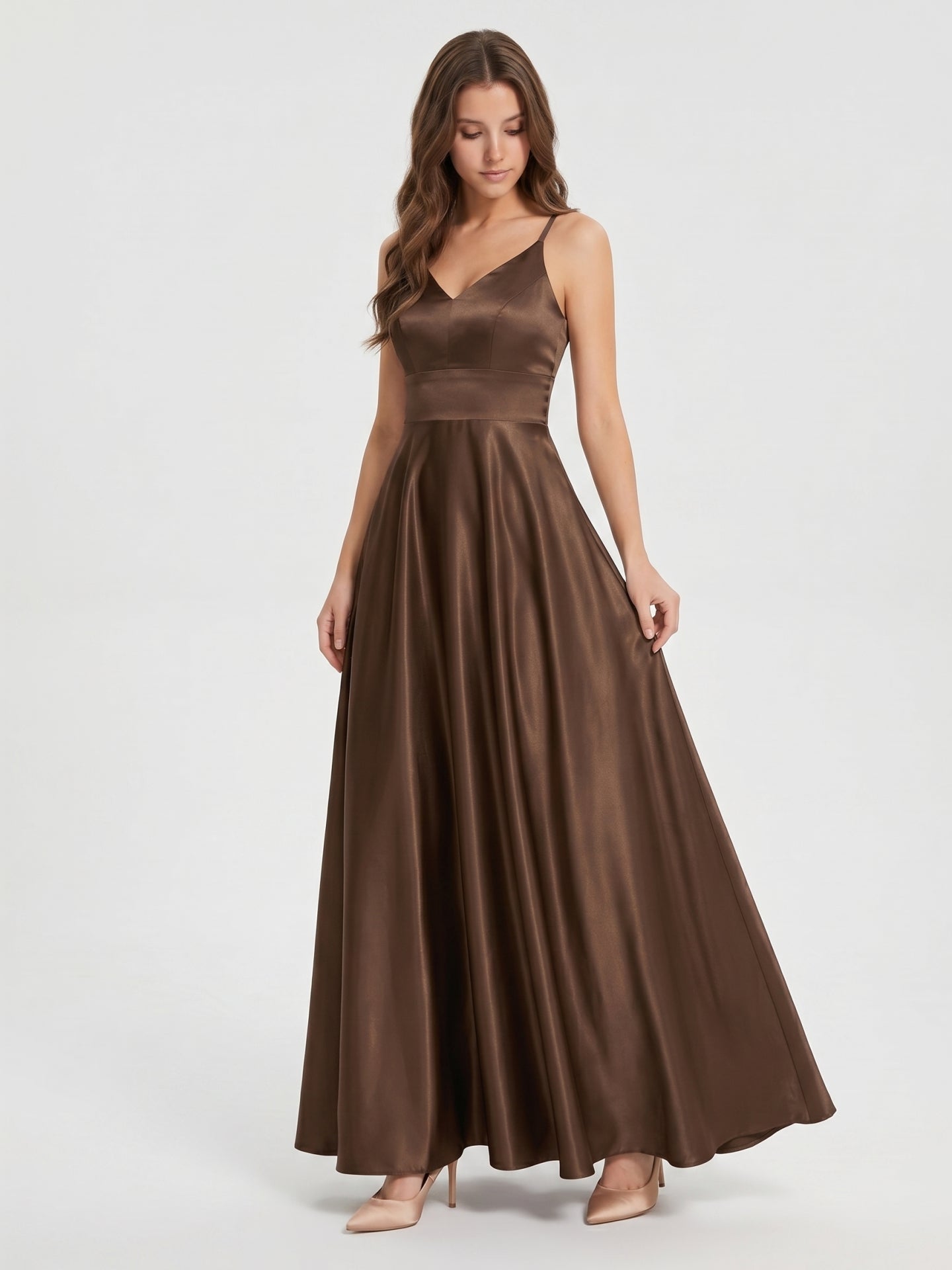 Mocha Satin A-Line V-Neck Criss-Cross Back Floor-Length Bridesmaid Dress