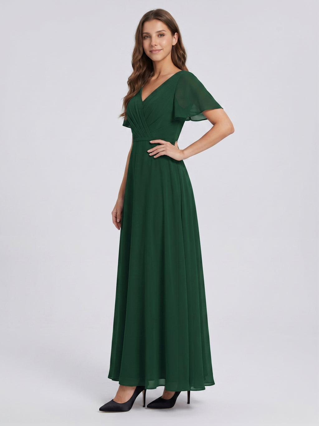 Forest Green Chiffon A-Line V-Neck V-Back Floor-Length Bridesmaid Dress