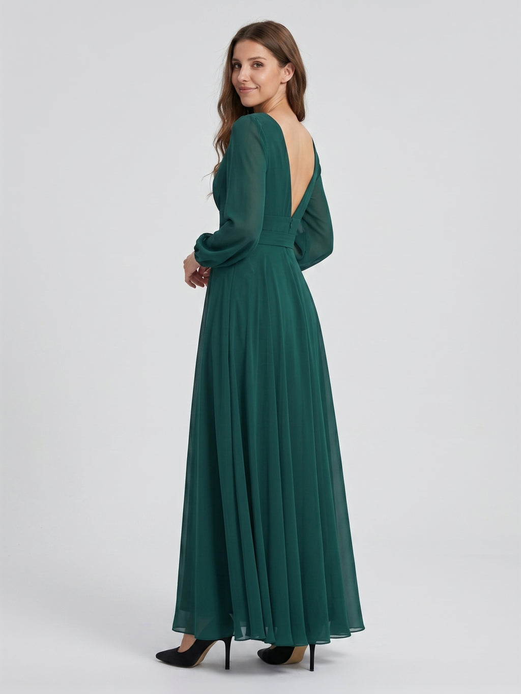 Peacock Chiffon A-Line V-Neck V-Back Floor-Length Bridesmaid Dress
