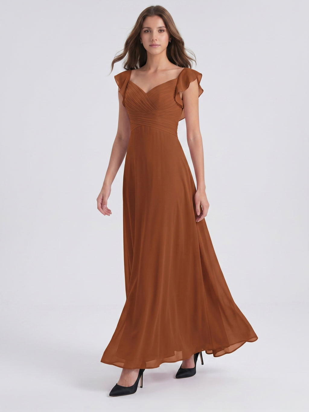 Terracotta Chiffon Sheath V-Neck Backless Floor-Length Ruffle Bridesmaid Dress
