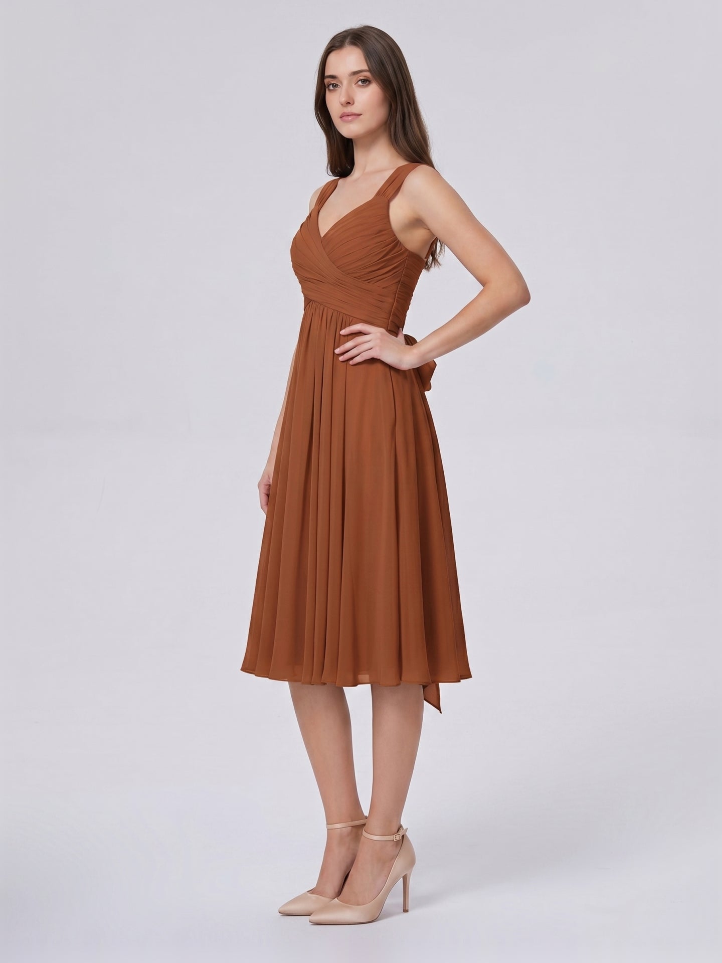 Terracotta Chiffon A-Line V-Neck Backless Knee-Length Bridesmaid Dress with Bow