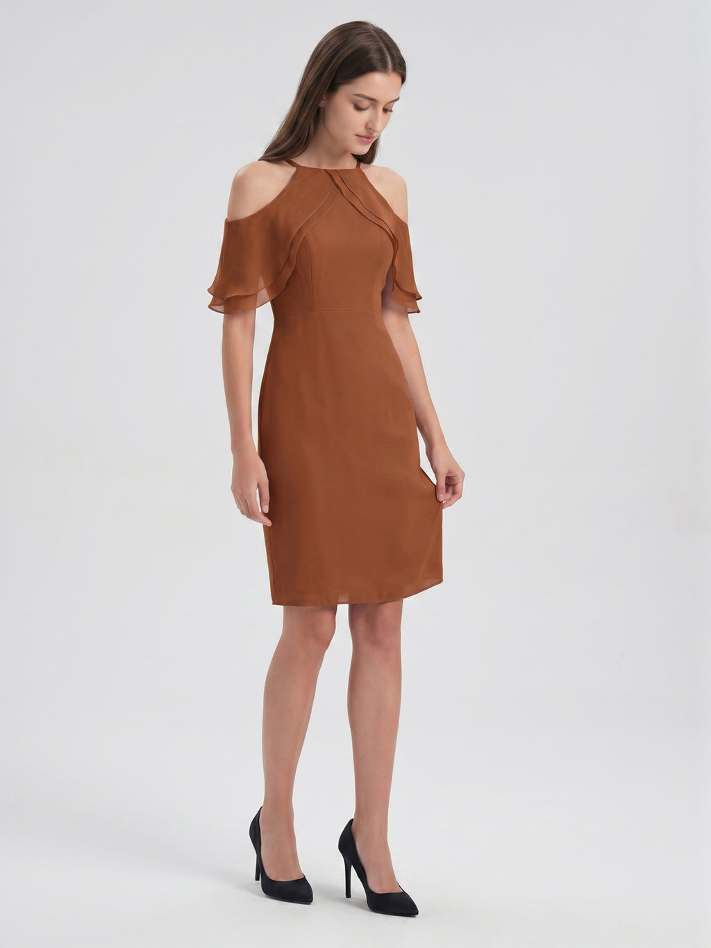 Terracotta Chiffon Sheath Off-the-Shoulder Back Zip Knee-Length Ruffle Bridesmaid Dress